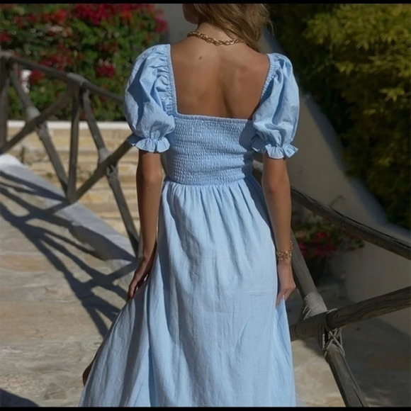 Blue Smocked Bodice Midi Dress • Puff Sleeves • Side Slit • NWT - Picture 4 of 5